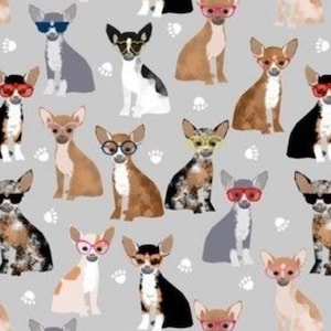 May include: A repeating pattern of cartoon chihuahuas wearing various styles of glasses, including sunglasses and round spectacles. The dogs are in different colors and patterns, set against a light gray background with paw prints.