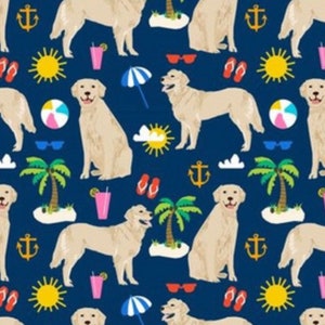 May include: A navy blue pattern featuring golden retrievers, beach umbrellas, sunglasses, flip-flops, anchors, palm trees, and suns. The design is repeated across the fabric, creating a playful and summery theme.