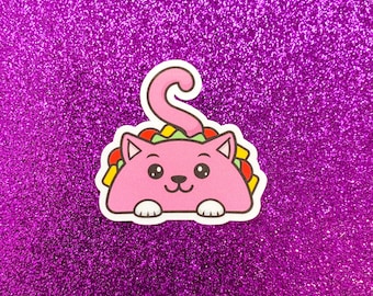 Pink Taco Cat Sticker — Pink Cat, Mini Sticker, Taco Sticker