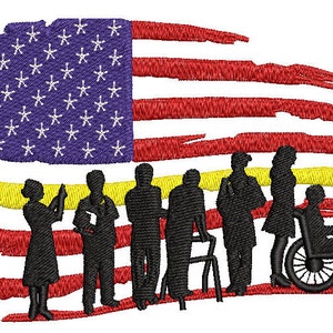 May include: Silhouettes of people standing in front of a distressed American flag. The flag is red, white, and blue with a yellow stripe at the bottom. The people are all different heights and have different features, including a person in a wheelchair.