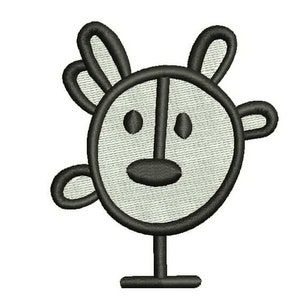 Op de afbeelding: Een zwart-witte cartoonillustratie van een wezen met een rond hoofd, twee ogen, een neus en een mond. Het wezen heeft een klein lichaam met twee armen en twee benen. Het wezen staat op een voetstuk.