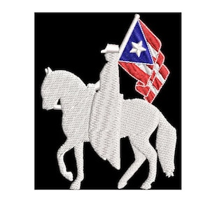 May include: White embroidered image of a person on horseback holding a red, white, and blue flag with a white star. The flag is the flag of Puerto Rico.