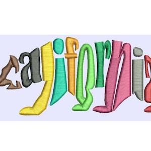 May include: A colorful embroidered design of the word "California" shaped like a bear. The letters are in different colors, including yellow, green, blue, orange, pink, and gray.