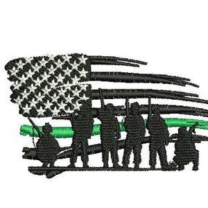 May include: Black and white silhouette of soldiers standing in front of a tattered American flag with a green stripe across the bottom.