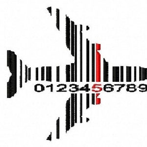 May include: A black and white barcode design in the shape of a bird with the numbers 0123456789 printed below.
