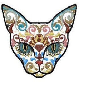 May include: A white cat face with intricate blue, brown, and gold floral patterns. The cat's eyes are blue with black pupils. The nose is red.