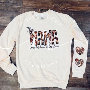 Mama Heart on my Sleeve Crewneck Sweatshirt / Mama cowhide sweatshirt / custom mama sweatshirt