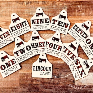 Custom Engraved Baby Milestone Tags Cow Eartag Milestones Baby Milestone Props