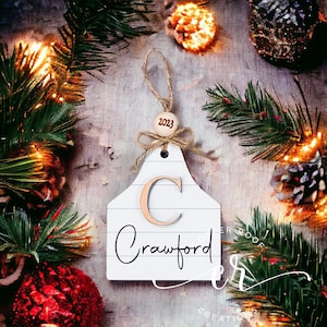 Custom Cow Tag Ornament Family Name Ornament Western Ornament Shiplap Ornament