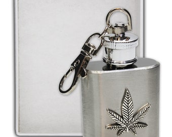 Hemp Leaf Mini Flask Keychain: Stainless Steel 1oz