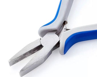 May include: Close-up of a pair of silver-toned pliers with blue and gray plastic handles. The pliers are designed for jewelry making.