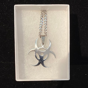 Silver Tone Biohazard Symbol Antique Silver Handmade Necklace Jewelry 20&#39; Chain