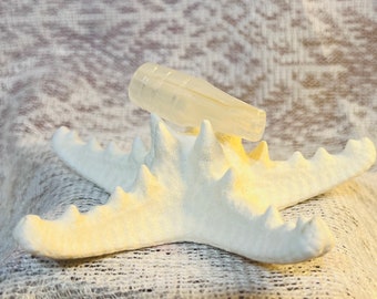 May include: A clear glass bottle stopper resting on a white starfish. The starfish is on a white crocheted surface.