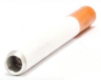 May include: A white and brown cigarette-shaped metal pipe with a silver metal mouthpiece.
