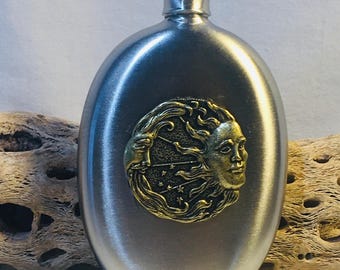 Oval Flask with Bronze Sun and Moon 3.5 Oz  Flask NEW