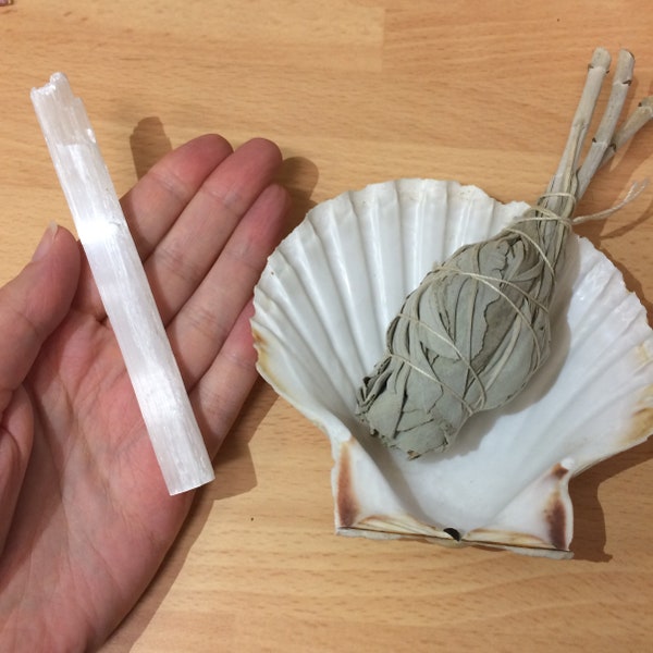 Sage Kit with Scallop Shell & Satin Spar, Smudging Set - Home Protection with Natural Sage Stick