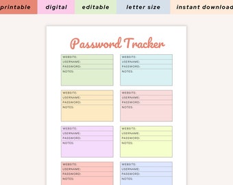 Password Tracker | Fillable and Printable | Password Organizer | Password Log PDF | US Letter Size