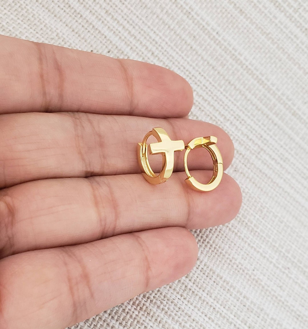 Gold Huggie Earrings Gold Cross Hoop Earrings Gold Hoop Etsy