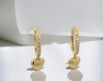 Gold Hoop Earrings, Dangle Hoop Earrings, Dainty Hoop Earrings, Gold Earrings, Sterling Silver Earrings, Hoop Earrings, Heart Earrings