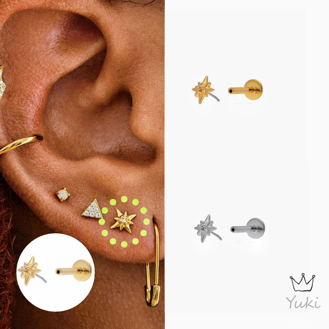 18G Star Diamond Thumbtack Labret, Threadless Flat Back Earrings,tragus