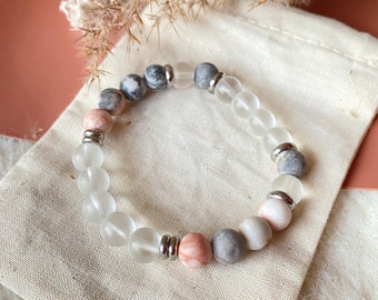 Natural stone bracelet Pink zebra jasper, matte white quartz and stainless steel, Women's bracelet, Diffuser bracelet