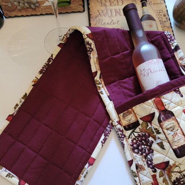 Handmade Wine Bottle Grape Themed 8 x 30  Double Potholders, Kitchen Boas, Personalized/ Extra Protective Layers/Microwaveable