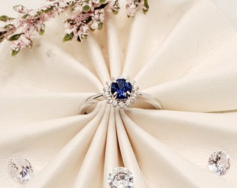 Genuine .50ct Blue Ceylon Sapphire Gemstone Art Deco Style Silver Ring, Halo Blue Sapphire Engagement Promise Ring