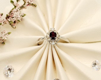 Art Deco .47ct Ruby Sterling Silver Ring, Zirconia Accents, Size 8