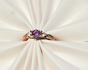 Genuine .28ct Purple Amethyst Gemstone Rose Gold Sterling Silver Ring, Three Stone Design Amethyst Promise Engagement Ring, Size 5