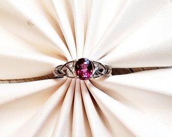 Genuine 1.18ct Magenta-Pink Rhodolite Garnet Gemstone Engagement Promise Ring, Celtic Style Silver Rhodolite Garnet Solitaire Ring