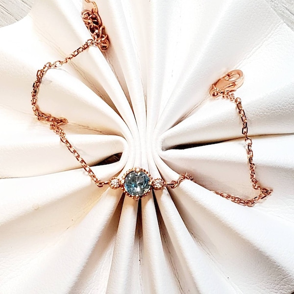 Natural .61ct VS Blue Zircon Gemstone Rose Gold Bracelet, Dainty Round Bright Blue Zircon Gemstone Chain Bracelet, Minimalist Style