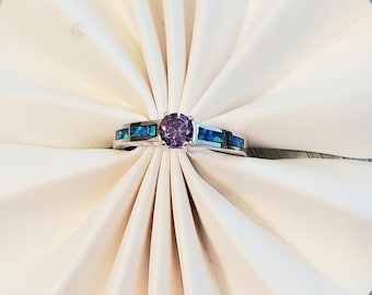 Genuine .50ct Purple Amethyst Gemstone in Blue Opal Inlay Sterling Silver Ring, Unique Opal and Amethyst Ring, Promise Engagement Ring