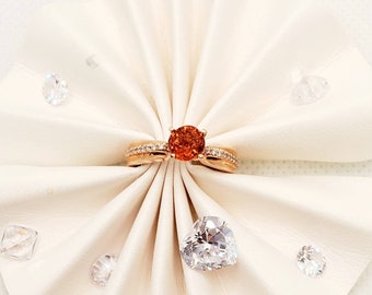 Anillo de compromiso con granate espesarita en oro rosa de 14 kt: solitario de diamantes, talla 6 1/2