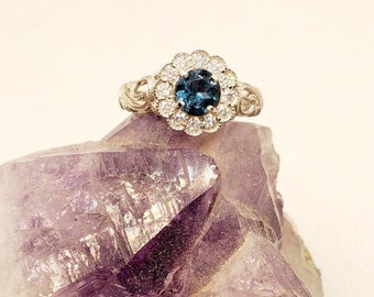 Natural .95ct London Blue Topaz Gemstone Sterling Silver Ring, Art Deco Style London Blue Topaz Engagement Ring, London Blue Ring, Size 7