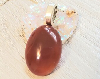 Genuine Carnelian Gemstone Necklace, Carnelian Cabochon Sterling Silver Pendant, Large Carnelian Gemstone Cabochon Pendant