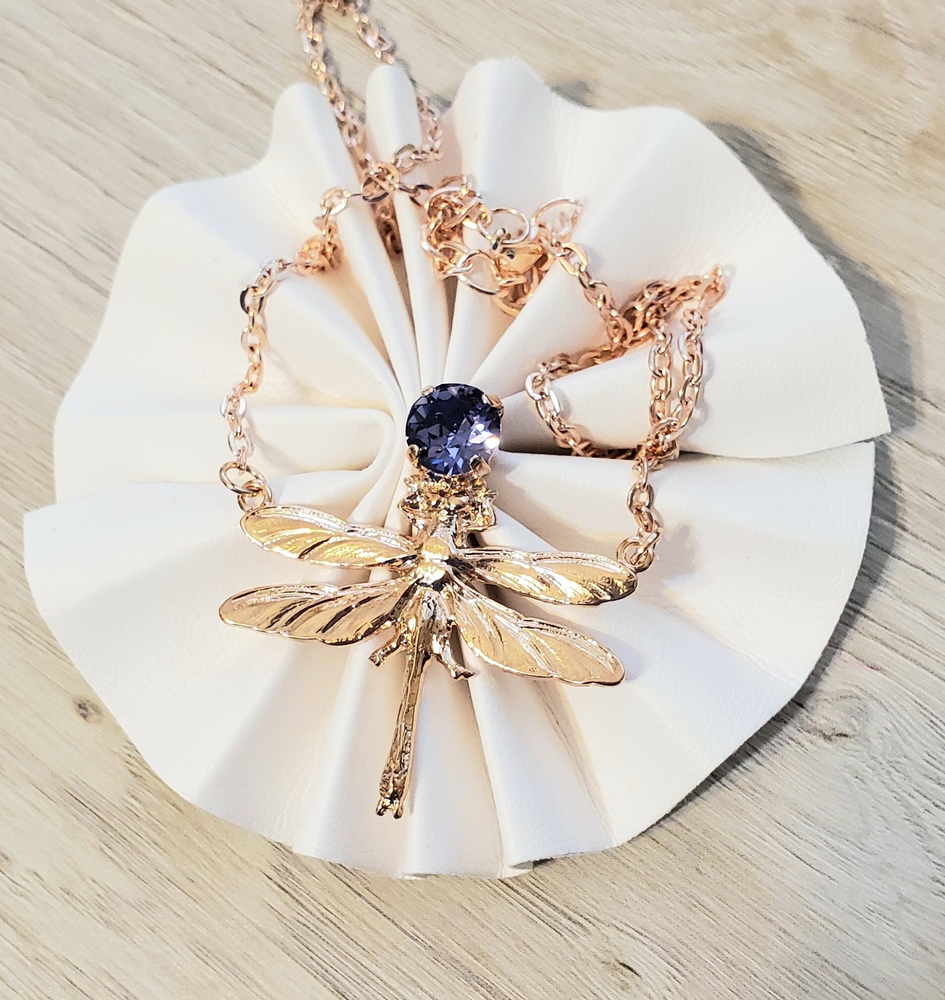 Rose Gold Dragonfly Necklace: Tanzanite Crystal Pendant