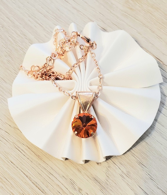 Orange Swarovski Crystal Pendant Necklace: Rose Gold, 12mm Round