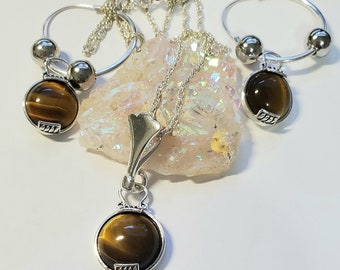 Tiger's Eye Sterling Silver Jewelry Set: Necklace and Earrings