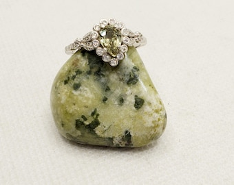 Art Deco Chrysoberyl Ring: Pear-Shaped Light Green Gemstone, Sterling Silver, Size 7