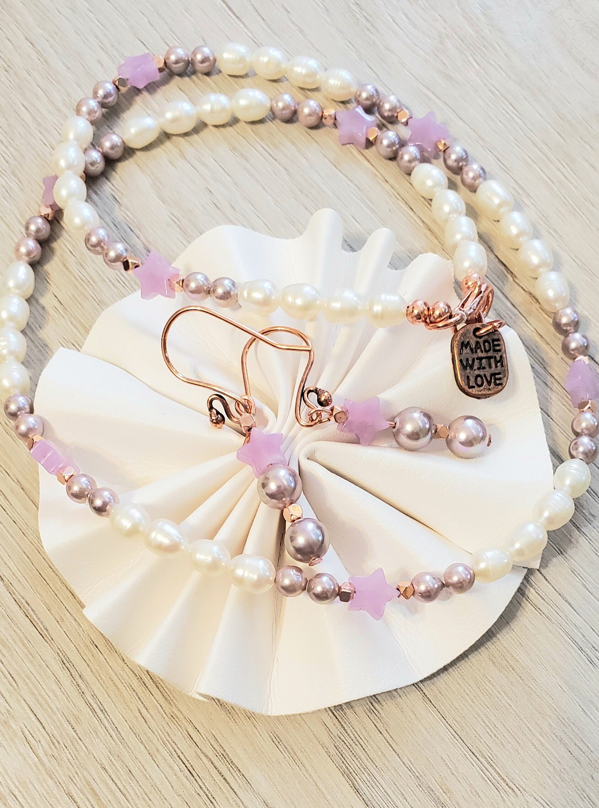 Geniune Pearl Necklace, Natural Lavender Jade Star Gemstone