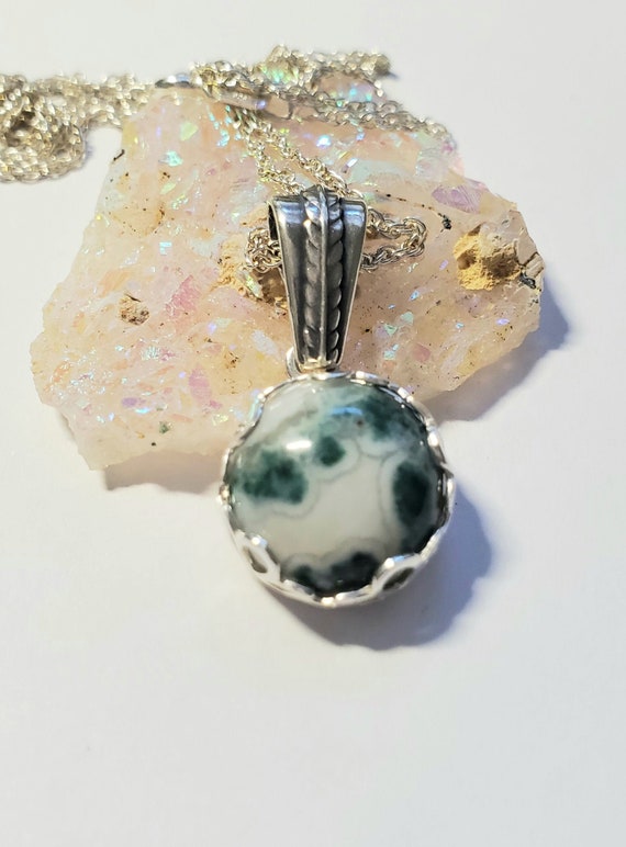 Tree Agate Gemstone Sterling Silver Pendant Necklace: 12mm Cabochon