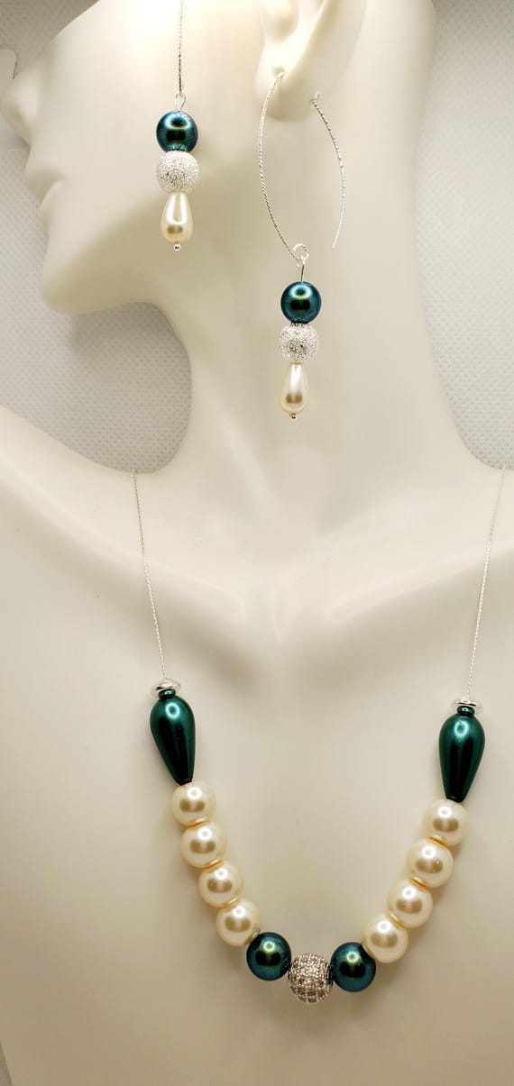 Sterling Silver Crystal Pearl Necklace Earrings Set: Bridal - Main Image