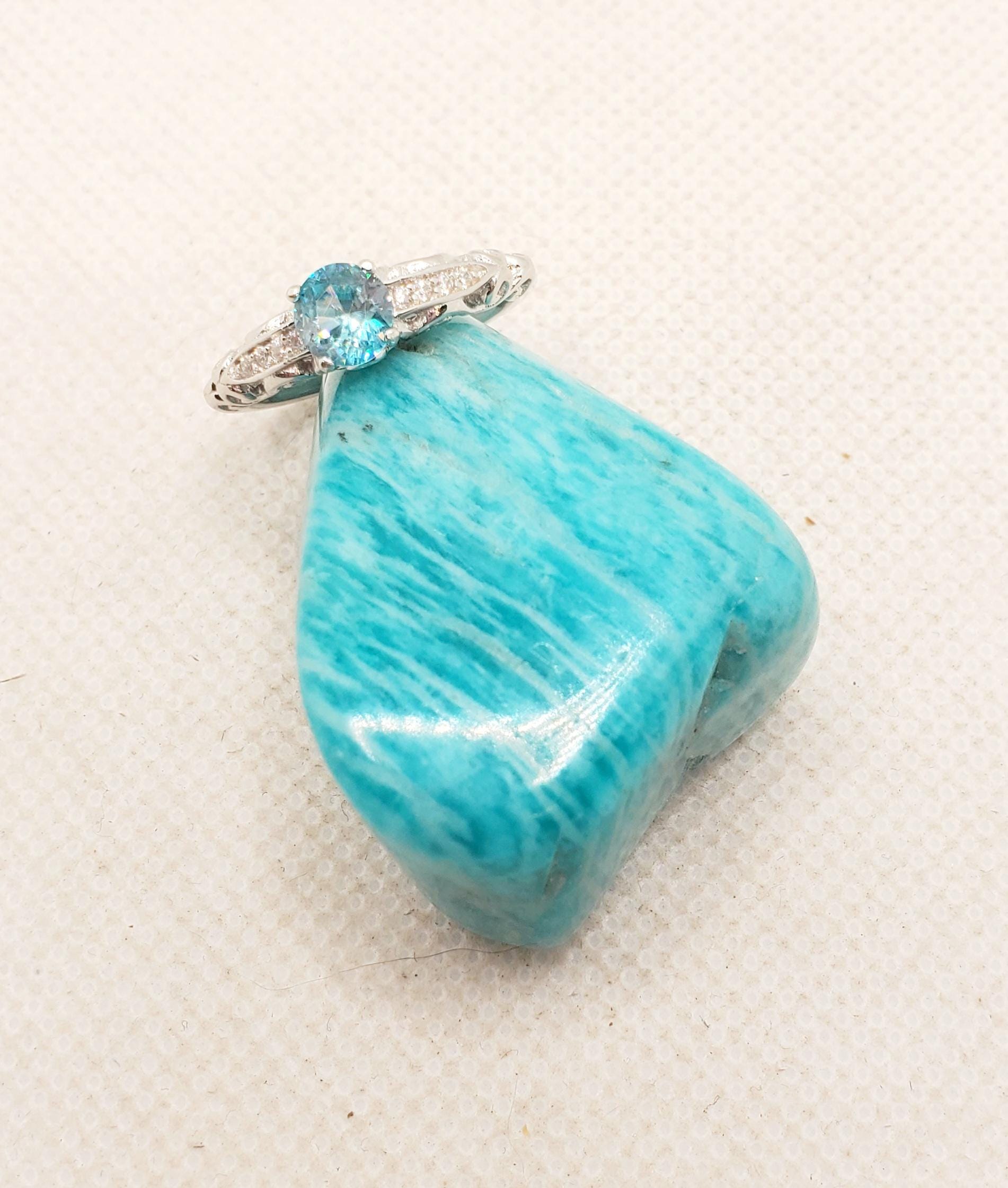 Blue Zircon Engagement Ring: Art Deco Sterling Silver, Cambodian Gem