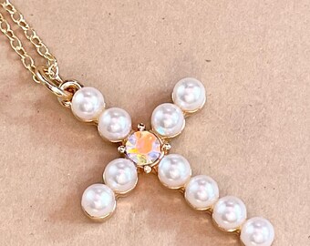 Pearl Style Cross Necklace: Rhinestone Center, Gold-Plated Chain