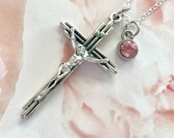 Jesus Crucifix Silver Tone Cross Pendant Necklace Modern Style with Pink Drop Jewel On Silver Plated 18 inch Chain Catholic Gift