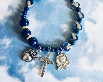 Madonna Rose Medal Virgin Mary Blue Enamel Charm Bracelet Silver Tone Jesus Crucifix Cross Sacred Heart Flower Charm Blue Beaded Bracelet