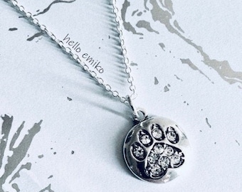 Silver Toned Dog Paw Charm Necklace Pendant Rhinestone Paw Print Medal Dog Lover Jewelry Silver Plated 18 Inch Chain Animal Lover Gift
