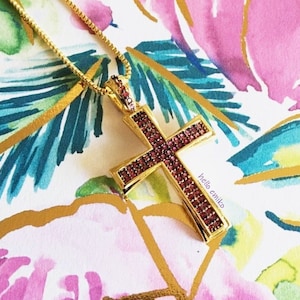Shiny Gold Toned Burgandy Stone Encrusted Cross Pendant Necklace On 18 Inch Gold Plated Cuba Style Chain Lobster Clasp Christian or Catholic
