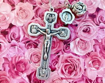 Large Silver Tone Stations of the Cross Crucifix Necklace Pendant from Italy with Our Lady of Miraculous Medals Locket on 22 Inch Chain