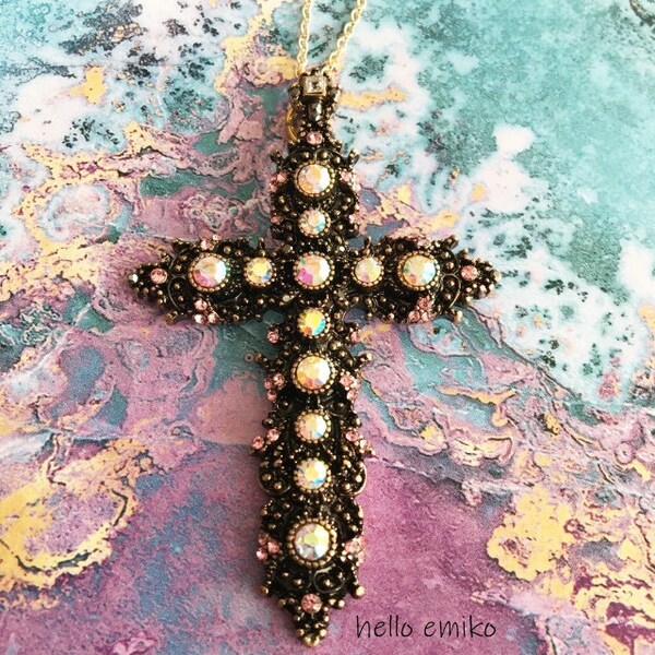 Large Ornate Jesus Cross Pendant Necklace Bronze Tone Cross Crucifix With Opalescent Jewels On 18 Rose Gold Tone Chain Gift